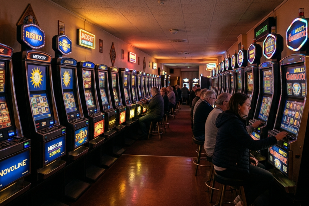 Spielothek Innenraum mit modernen Spielautomaten und angenehmer Beleuchtung