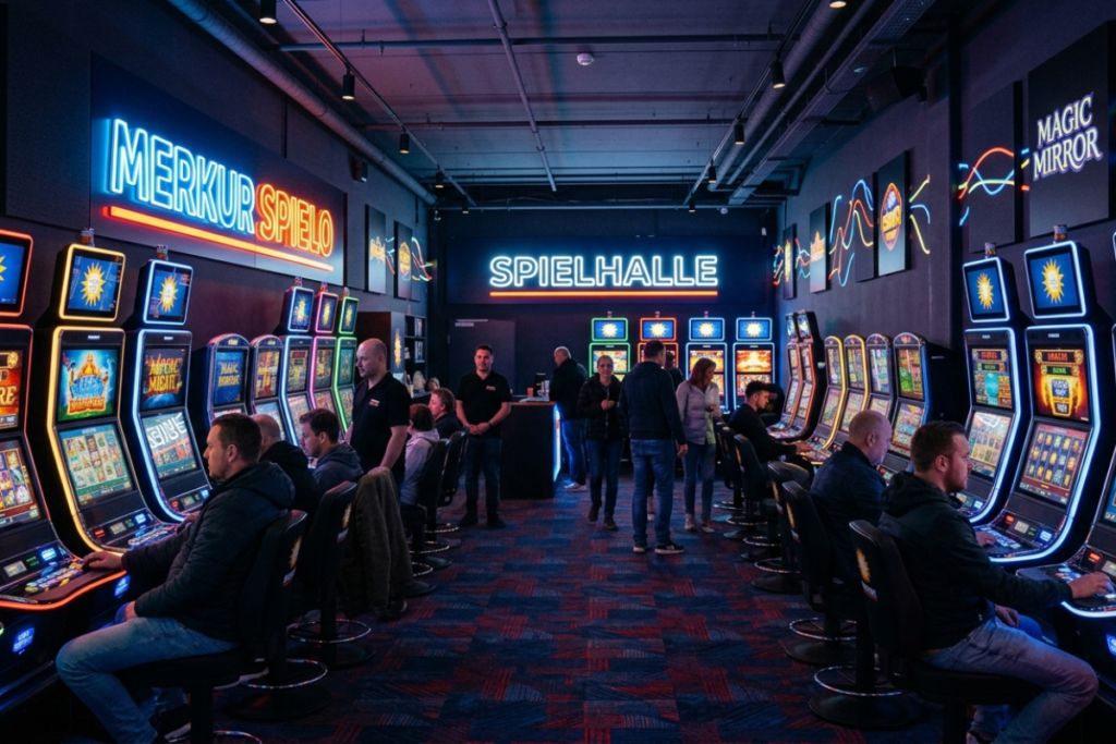 Helle Spielhalle mit einer Reihe bunter Spielautomaten