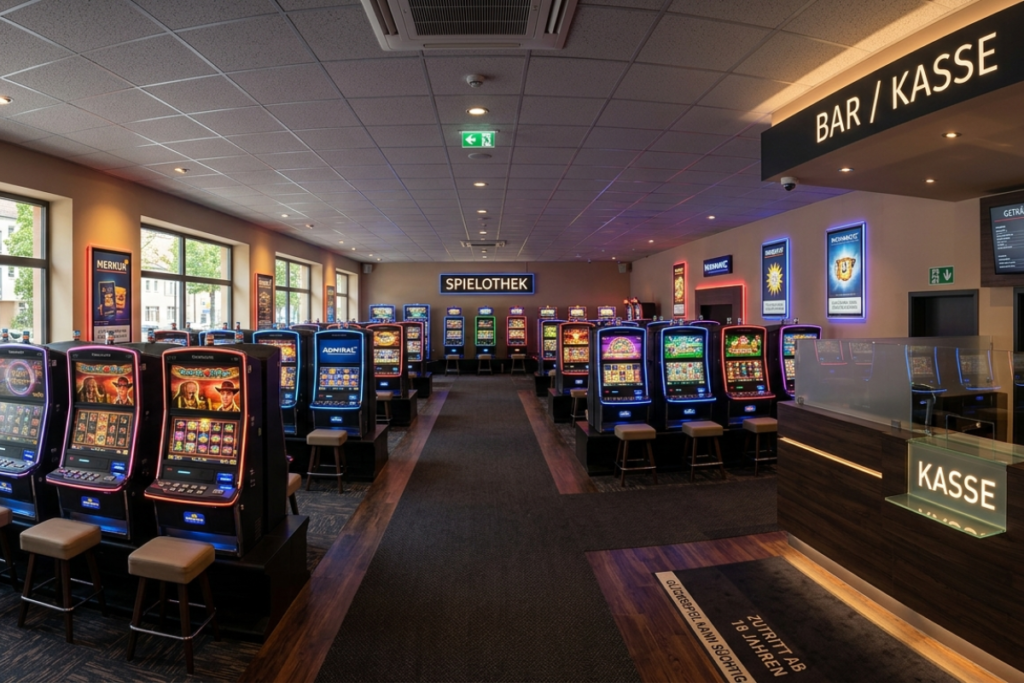 Geräumige Spielhalle mit übersichtlich angeordneten Automaten